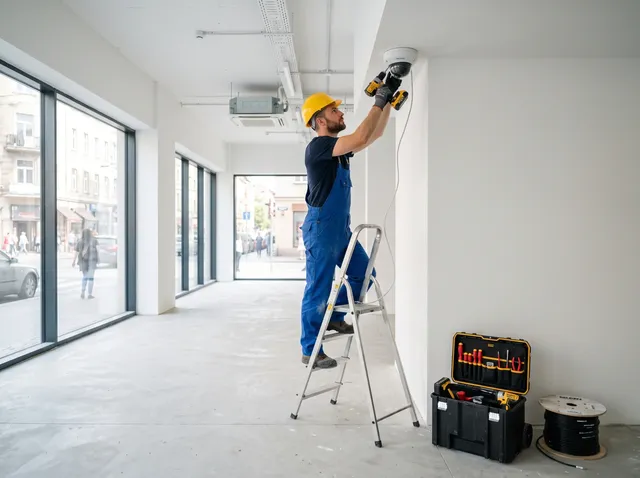 Elektryk zakłada kamerę monitoringu w lokalu handlowym