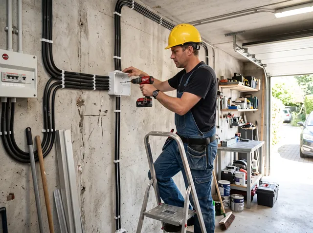 Elektryk montuje instalację elektryczną w garażu